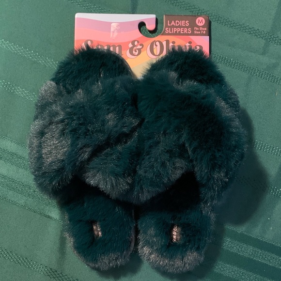 Shoes - Sam & Olivia Plush Fuzzy Slide Slippers - Teal Green
